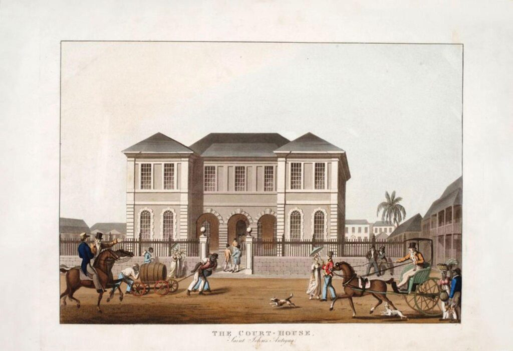 This aquatint, from 1823, shows the building when it had a hipped roof.